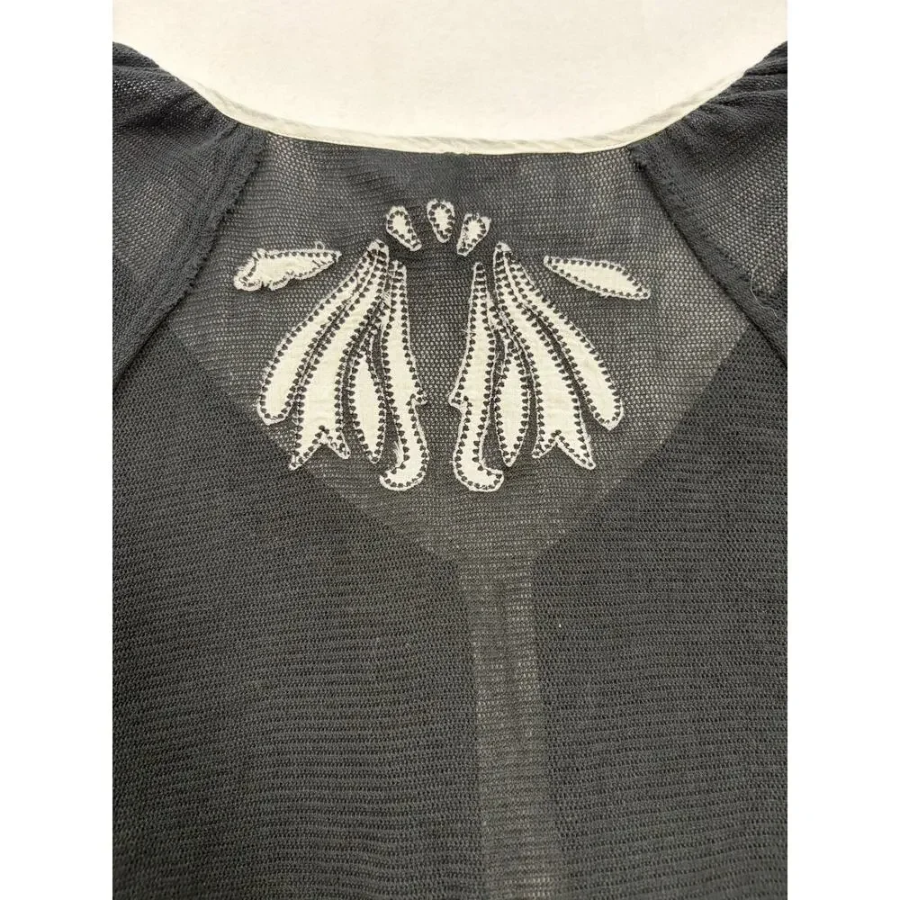 Free People Black Embroidered Tie Front Peplum Crop Top Small Boho Puff Sleeve
